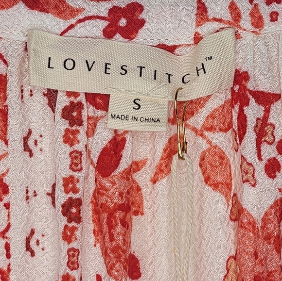 LOVESTITCH Red floral blouse shirt v-neck small short sleeve boho, size S - Picture 7 of 9